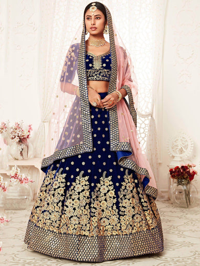 Navy Blue Thread Embroidered Bridal Lehenga Choli